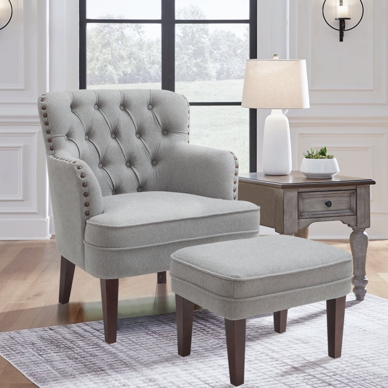 Coordinated Accent Chair and Ottoman Set with Button Tufting