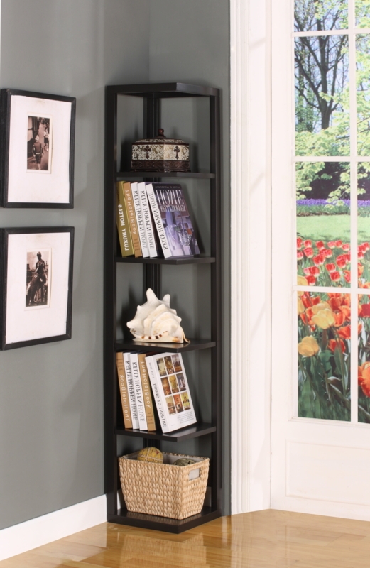 Corner Bookcase Contemporary Espresso Geometric Design Staggered Shelves