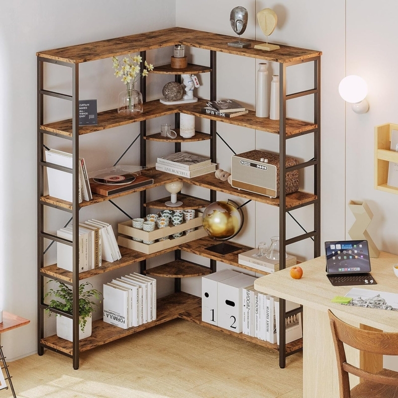 Corner Bookcase Curved Panels Triangular Footprint Industrial