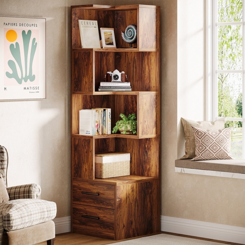 Corner Bookcase L-Shaped with Drawer Storage and Cutout Handles