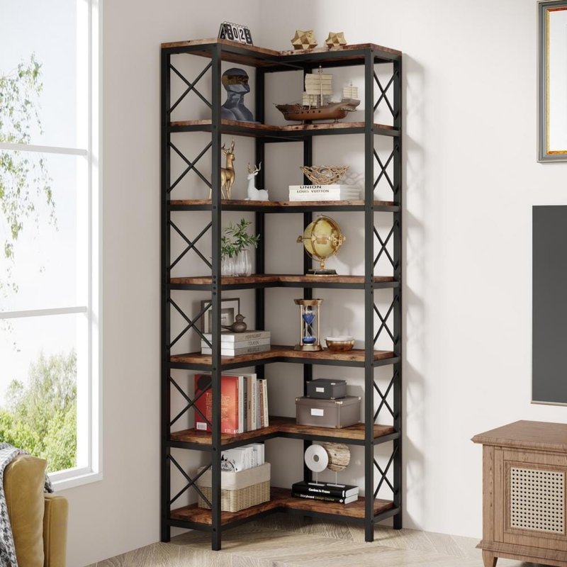 Corner Bookcase Seven-Tier Industrial Rustic Brown Storage Rack