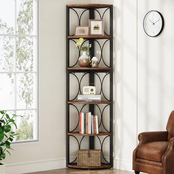 Corner Bookcase Six-Tier Industrial Metal Frame Rustic Brown