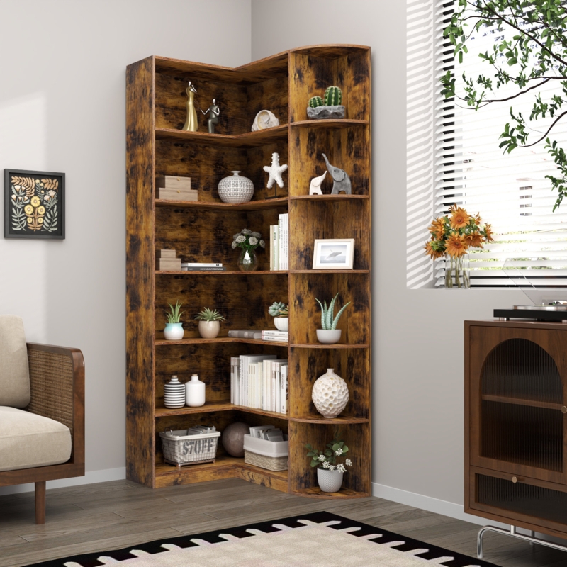 Corner Bookcase Six-Tier Industrial Mix Metal and Wood Shelves