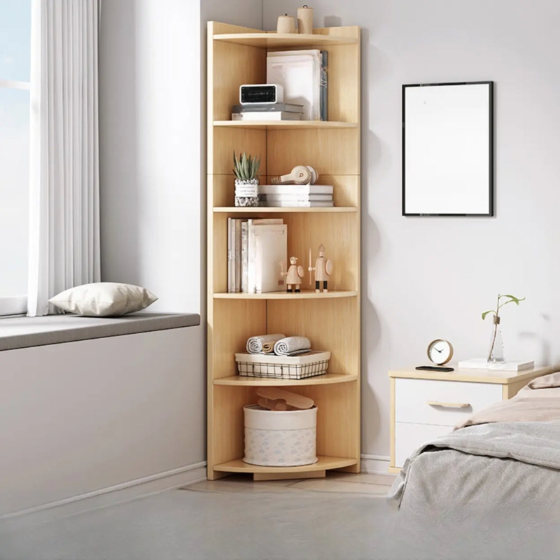 Corner Bookcase Tall Narrow Profile Light Wood Toned