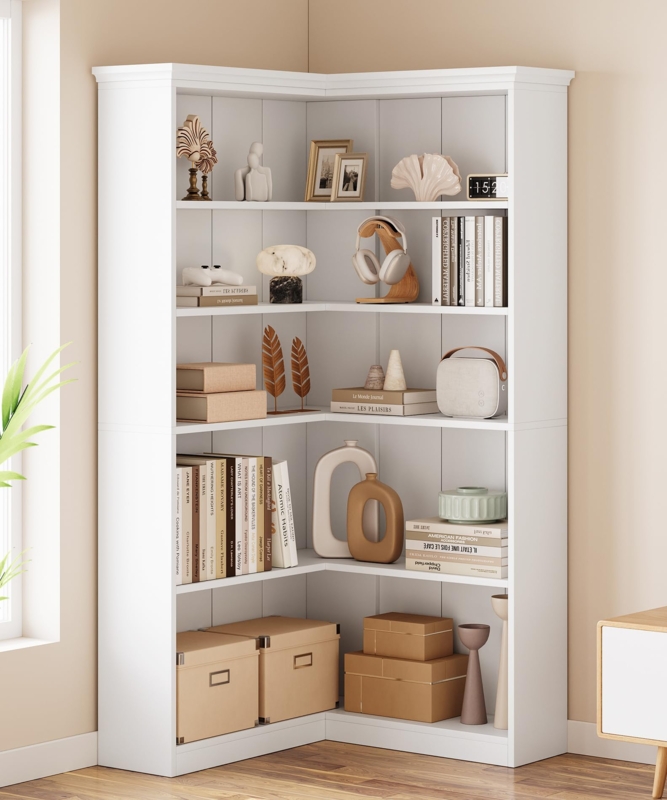 Corner Bookshelf L-Shaped White X-Brace Modern Farmhouse Storage
