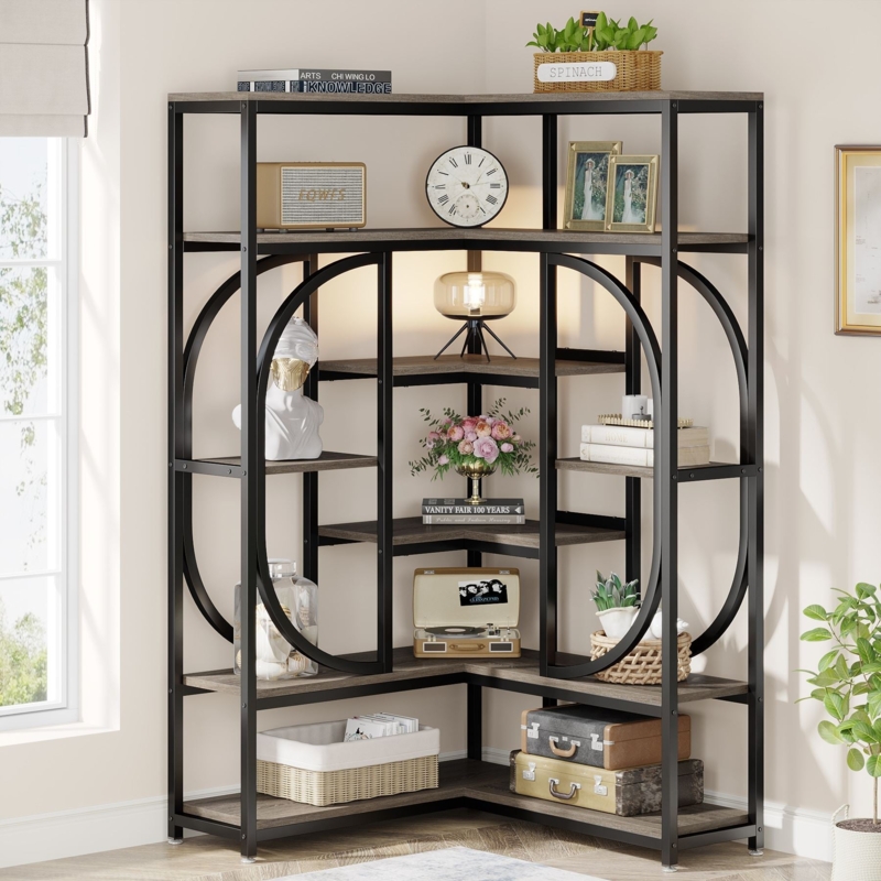 Corner Bookshelf Seven-Tier L-Shaped Rustic Brown Metal Frame