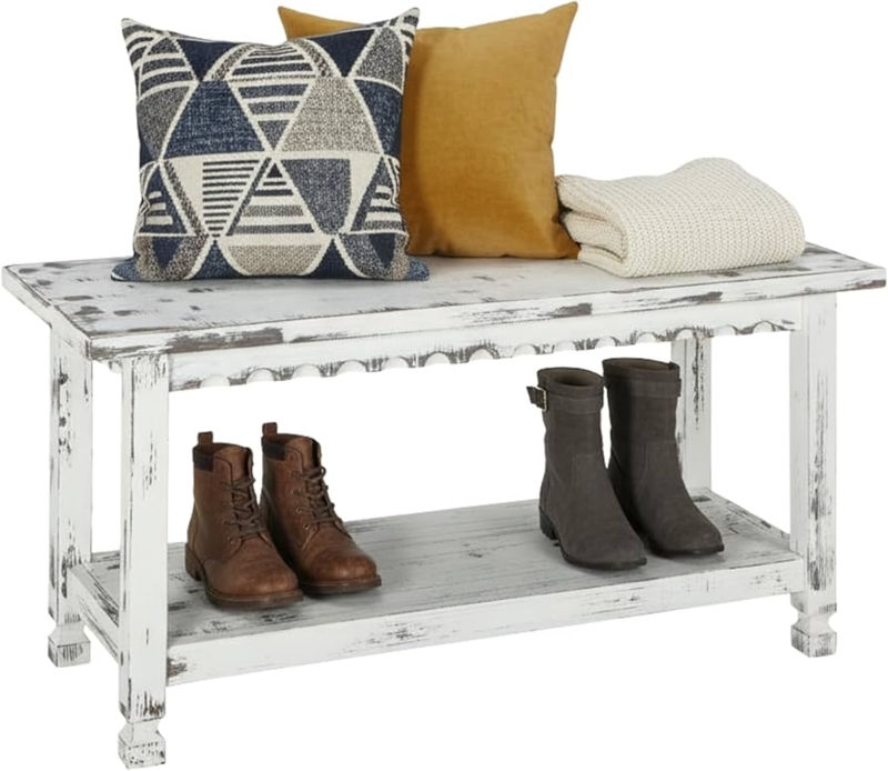 - Country Cottage 36-Inch Farmhouse Entryway Bench with Storage  Shelf  Solid Pine Wood Bench in Distressed White for Hallway, Bedroom, or  Mudroom by Alaterre Furniture - Table Benches