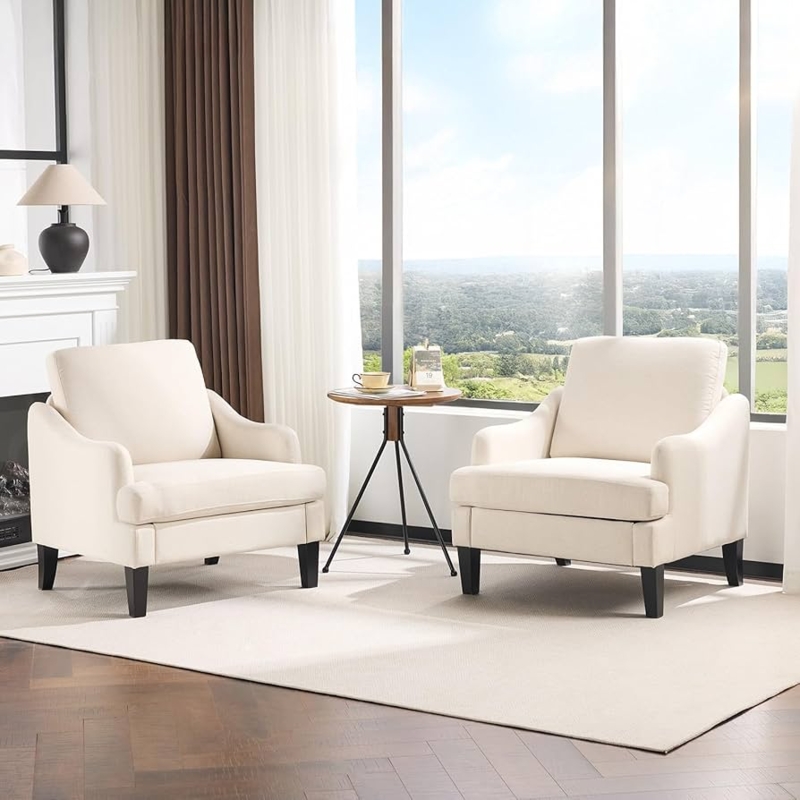 Cozy Reading Nook Seating Set of 2 Beige Linen Tapered Wood Legs