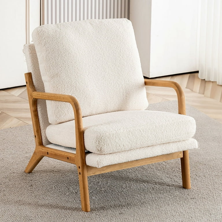 Cozy Sherpa Reading Chair Cream Mid-Century Modern Tapered Wood Legs