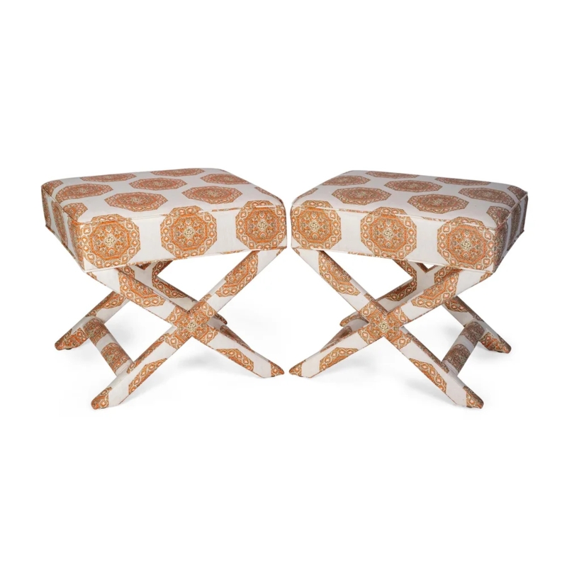 Cream Fabric Accent Stools, Pair with Dark Wood Curved Stretchers