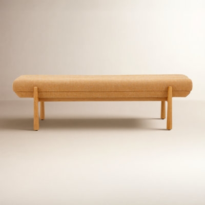 Cream Fabric Bench with Dark Legs and Button Tufting