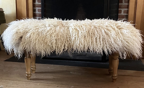 Cream Long Pile Sheepskin Bench Turned Wood Legs Rustic