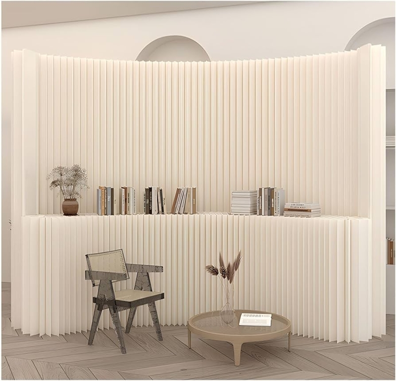 Cream Pleated Paper Room Divider with Integrated Shelf Partition