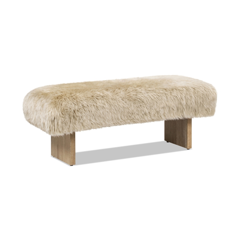 Cream Shaggy Fur Bench Blonde Wood Block Legs Scandi