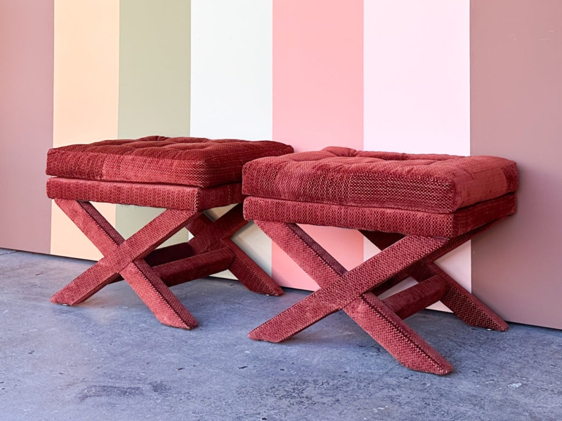 Cream Square Seat Benches, Pair with Dark Wood X-Bases