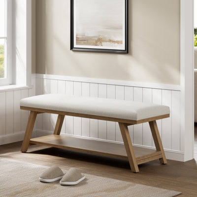 Cream Storage Bench with Angled A-Frame Legs and Integrated Shelf