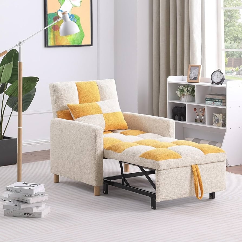 Cream Teddy Fabric Sleeper Chair with Yellow Accent Pillow