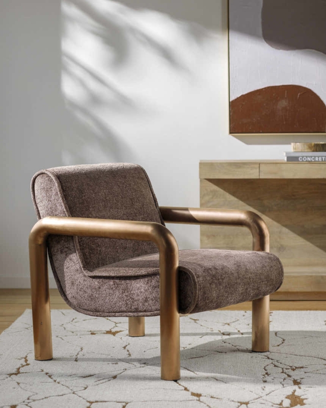 Cream Tub Accent Chair with Metallic Brass Frame and Open Curved Back