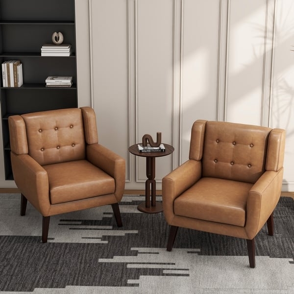 Cream Tufted Chair Flared Silhouette Piping Detail Wood Legs