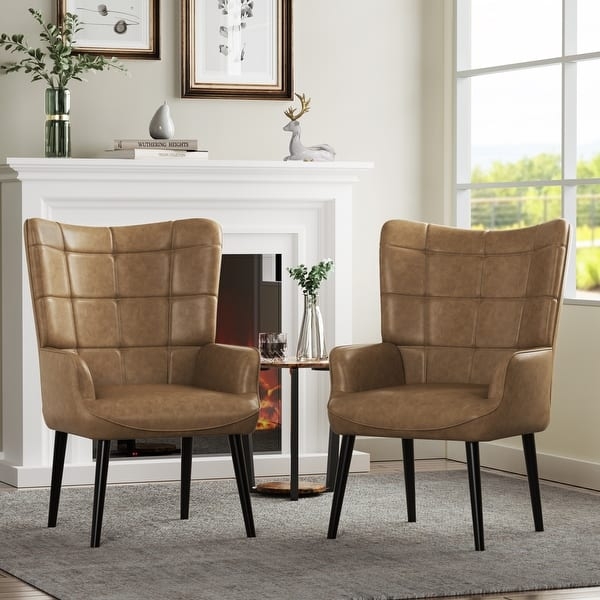 Cream Wingback Accent Chair Set High Back Diamond Button Tufted Fabric
