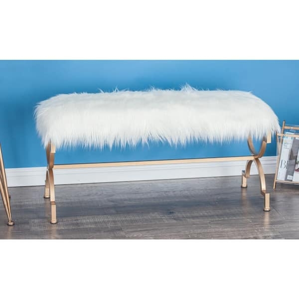 Cross Braced Faux Fur Bench Gold Metal X-Base