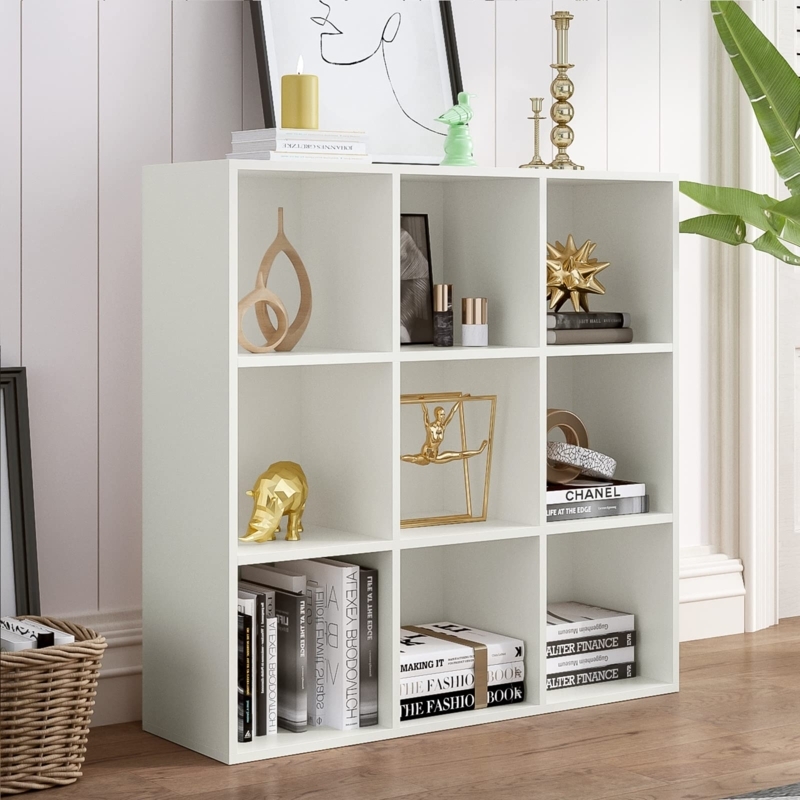 Cube Bookshelf White Three Tier Nine Compartment Floor Standing