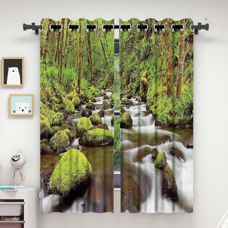 Curtains Photorealistic Landscape Forest Stream Print Grommet Header