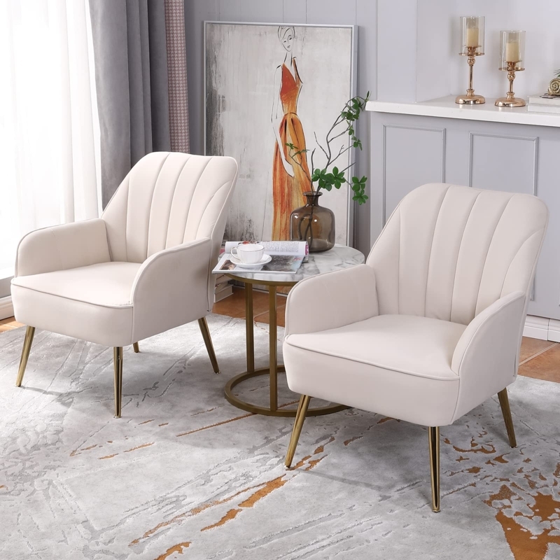 Curved Armchair with Gold Legs Beige Velvet Accent Chair
