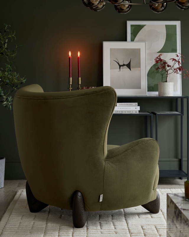 Curved Barrel Accent Chair, Olive Green Velvet & Gold-Tipped Legs