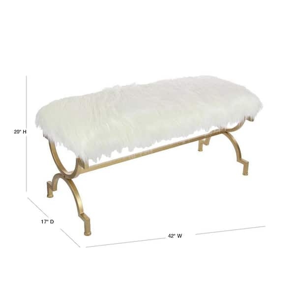 Curved Base Faux Fur Bench Gold Cross Legs Glam
