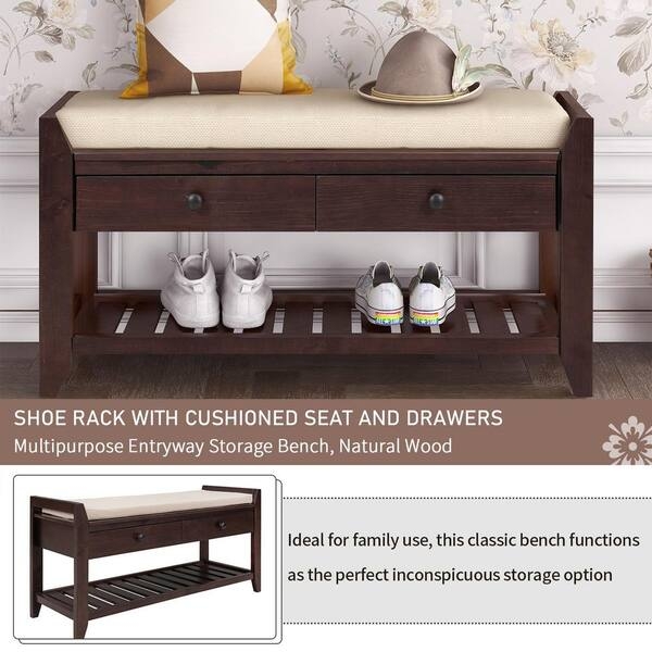 Cushioned Seat Storage Bench with Drawers and Slatted Rack