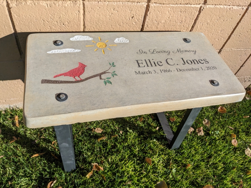 Custom Garden Bench with Red Cardinal Motif and Stone Top, Metal Base