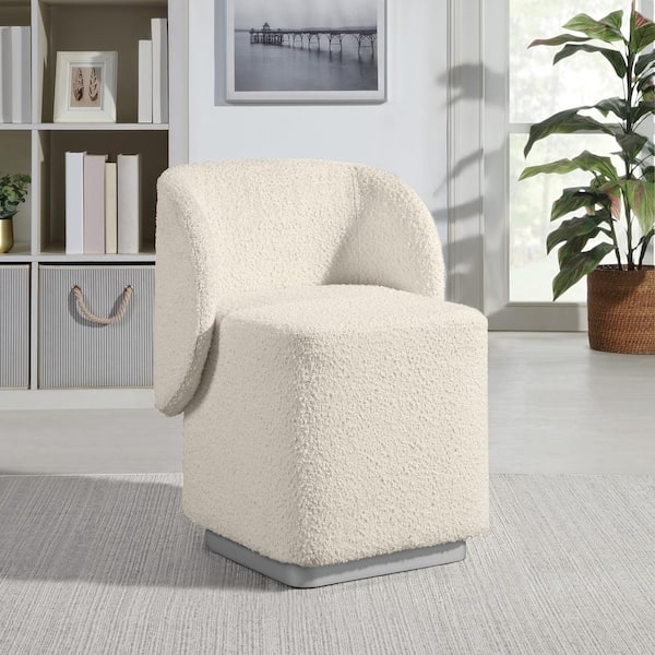 Cylindrical Vanity Stool in Textured Cream Boucle Fabric with Low Back