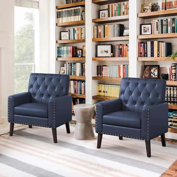 Dark Blue Faux Leather Accent Chairs Set, Armless with Button Tufting