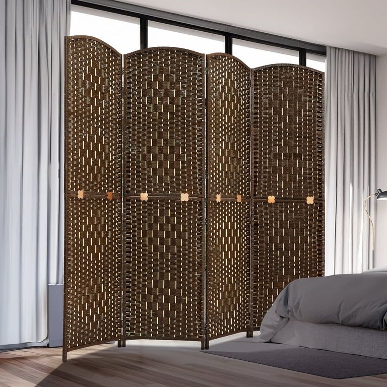 Dark Brown Woven Room Divider Arched Folding Privacy Screen