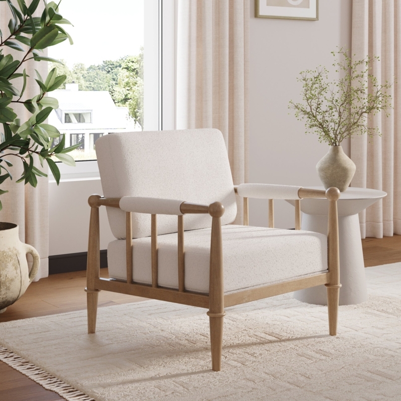 Dark Curved Wood Frame Accent Chair with Boucle Texture