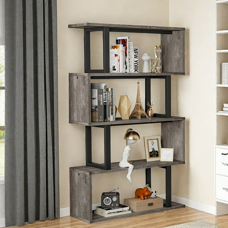 Dark Gray S-Shaped Bookshelf Geometric Open Shelving