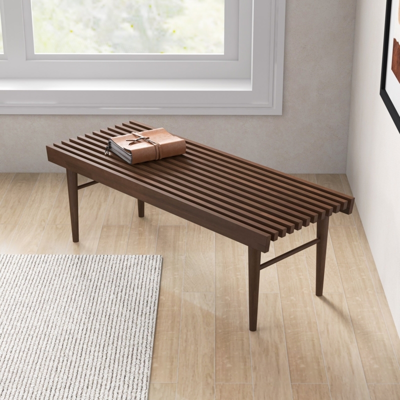 Dark Gray Upholstered Wood Bench, Tapered Legs
