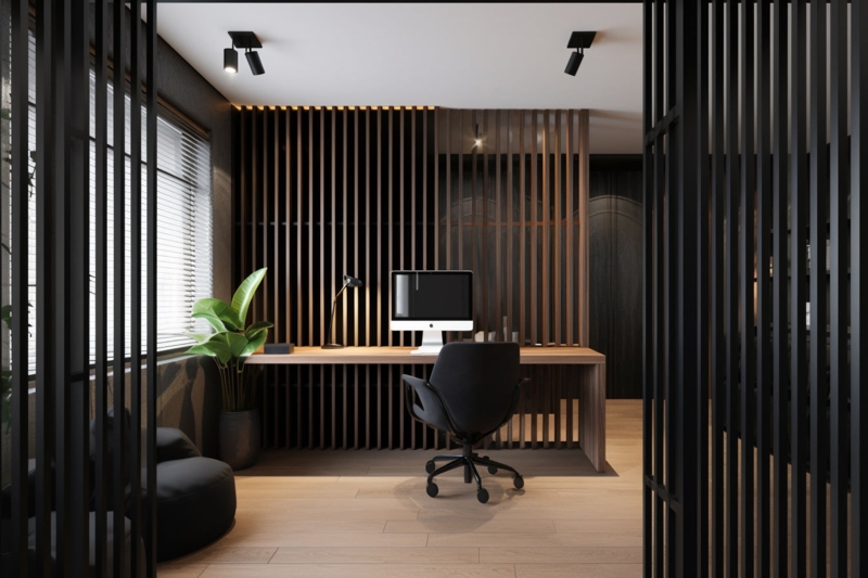 Dark Oak Room Divider Vertical Wood Slats Architectural Partition