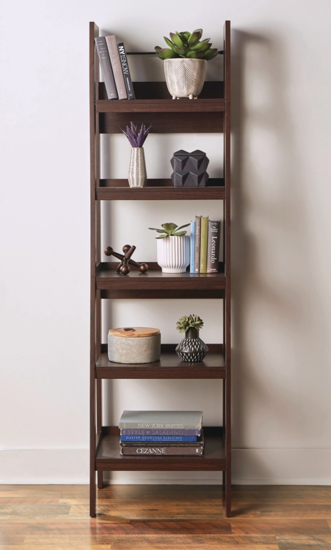 Dark Walnut Ladder Bookcase Satin Finish Five Tier Open A-Frame