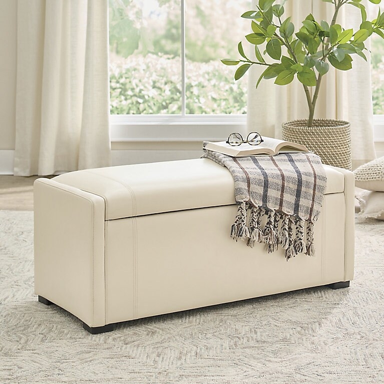 Dark Wood Entryway Storage Bench with Three Woven Baskets and Cushion