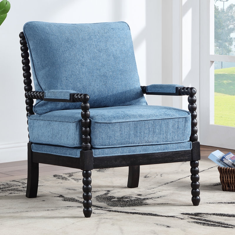 Dark Wood Spindle Accent Chair with Textured Cream Upholstery