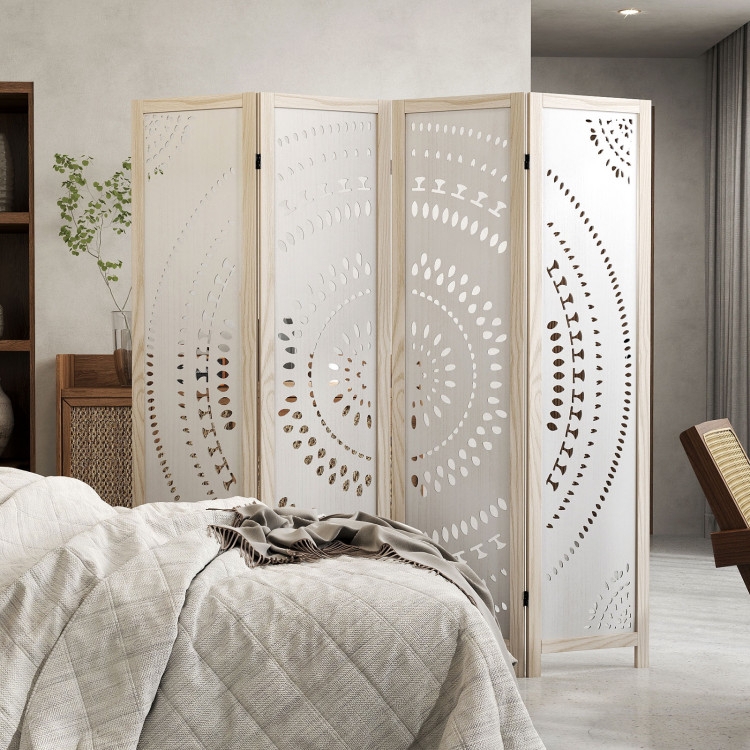 Decorative Privacy Screen Carved Circular Pattern Four Panel Wood