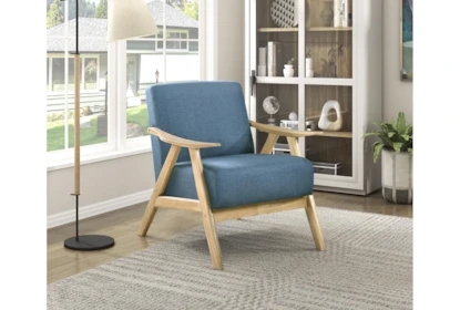 Denim Blue Accent Chair with Natural Wood Frame and Rounded Arms