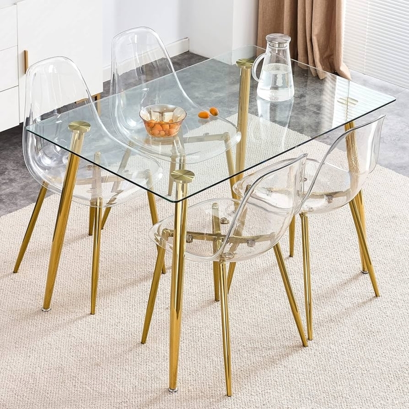 - Deolme Clear Acrylic Ghost Chairs 4 Dining Chairs- Modern  Dining Table Set, Cute Plastic Dinner Chair Set Armless Accent Side Desk  Chair for Vanity Banquet Indoor Outdoor (Golden, Chairs and