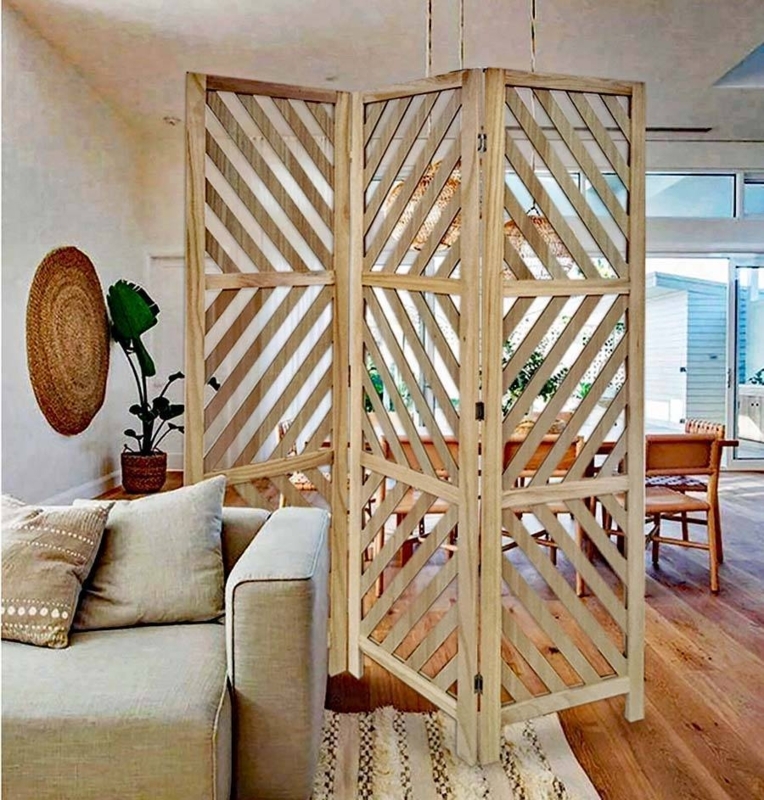 Diagonal Slat Folding Screen. Light Wood Tropical Room Separator.