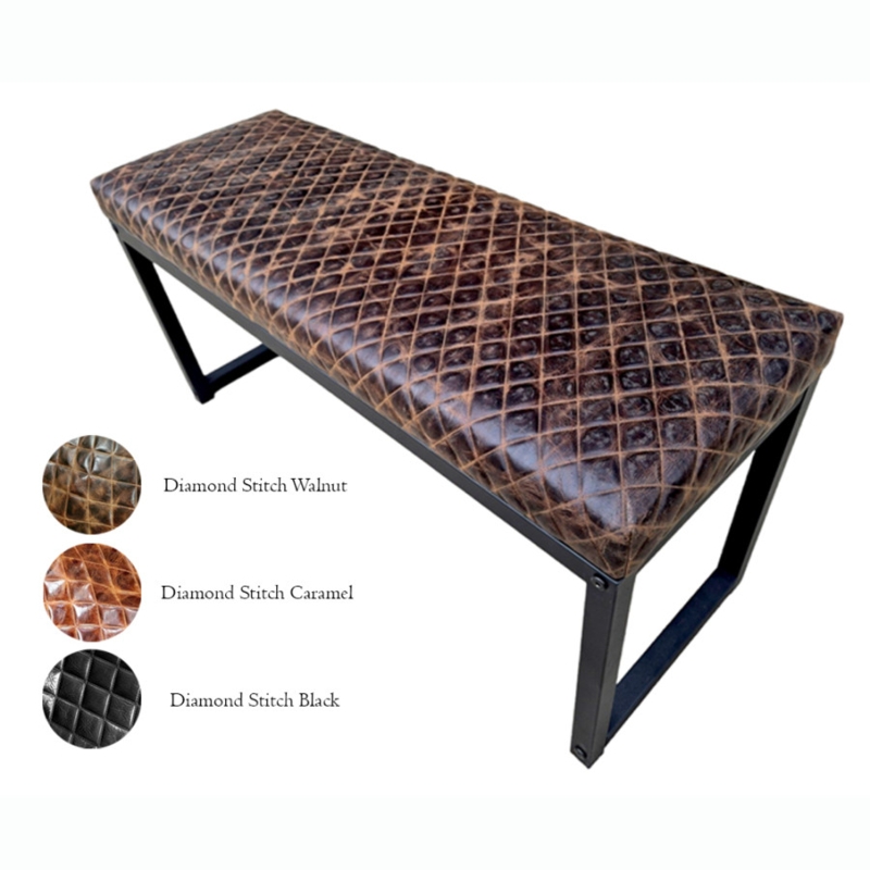 Diamond Quilted Bench, Matte Black Steel Frame, U-Shaped Sled Legs