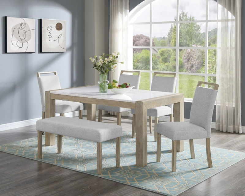 Dining Bench Beige Seat Distressed Gray Frame Slatted Bottom Shelf