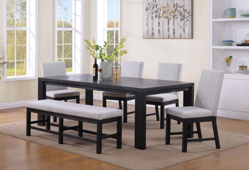 Dining Bench Black Wood Thick Block Legs Long Upholstered Seat