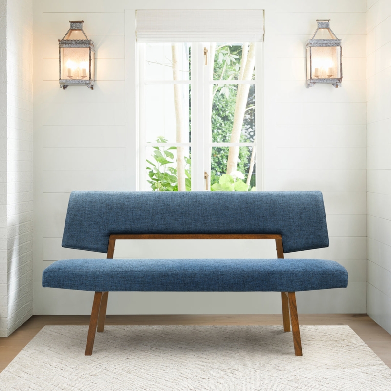 Dining Bench Blue Woven Fabric Curved Back Walnut Finish Accent Seating